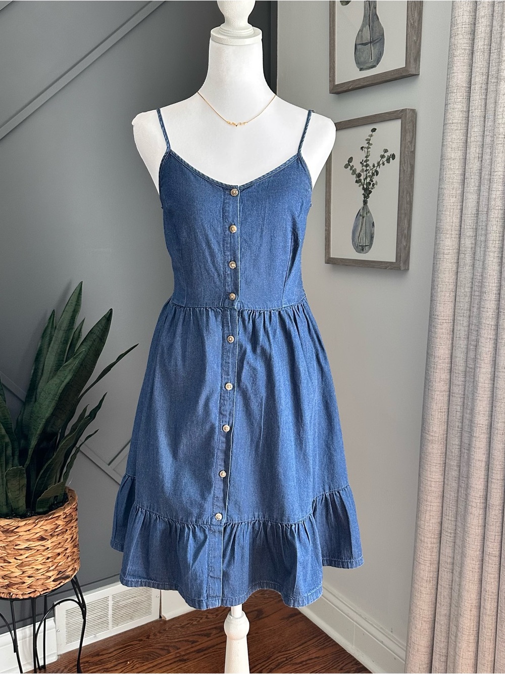 Sleeveless Blue Denim Button-Front Midi Dress